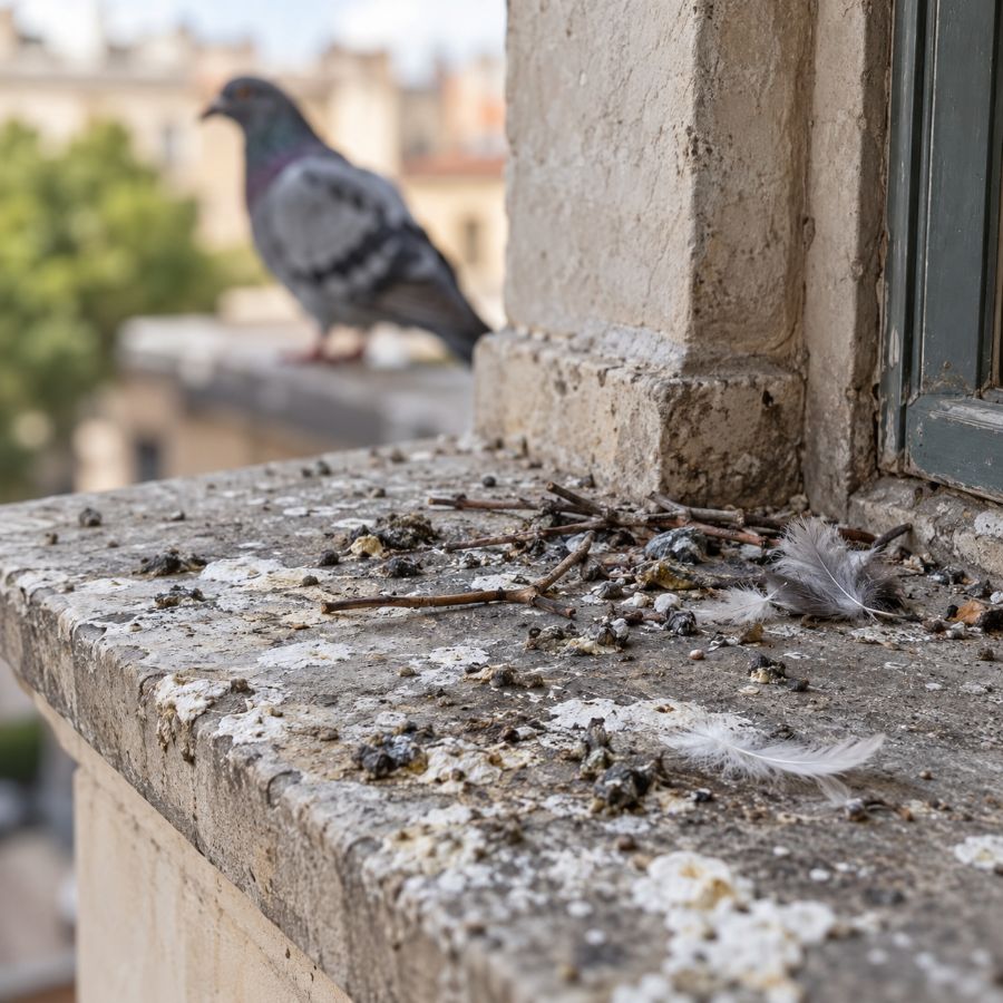 Davanzale sporco di guano di piccione