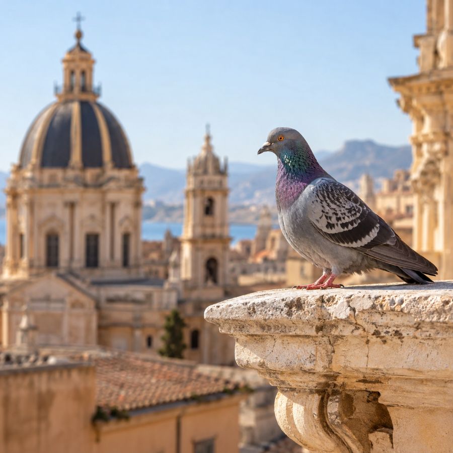 Piccione su un cornicione in pietra di un palazzo siciliano