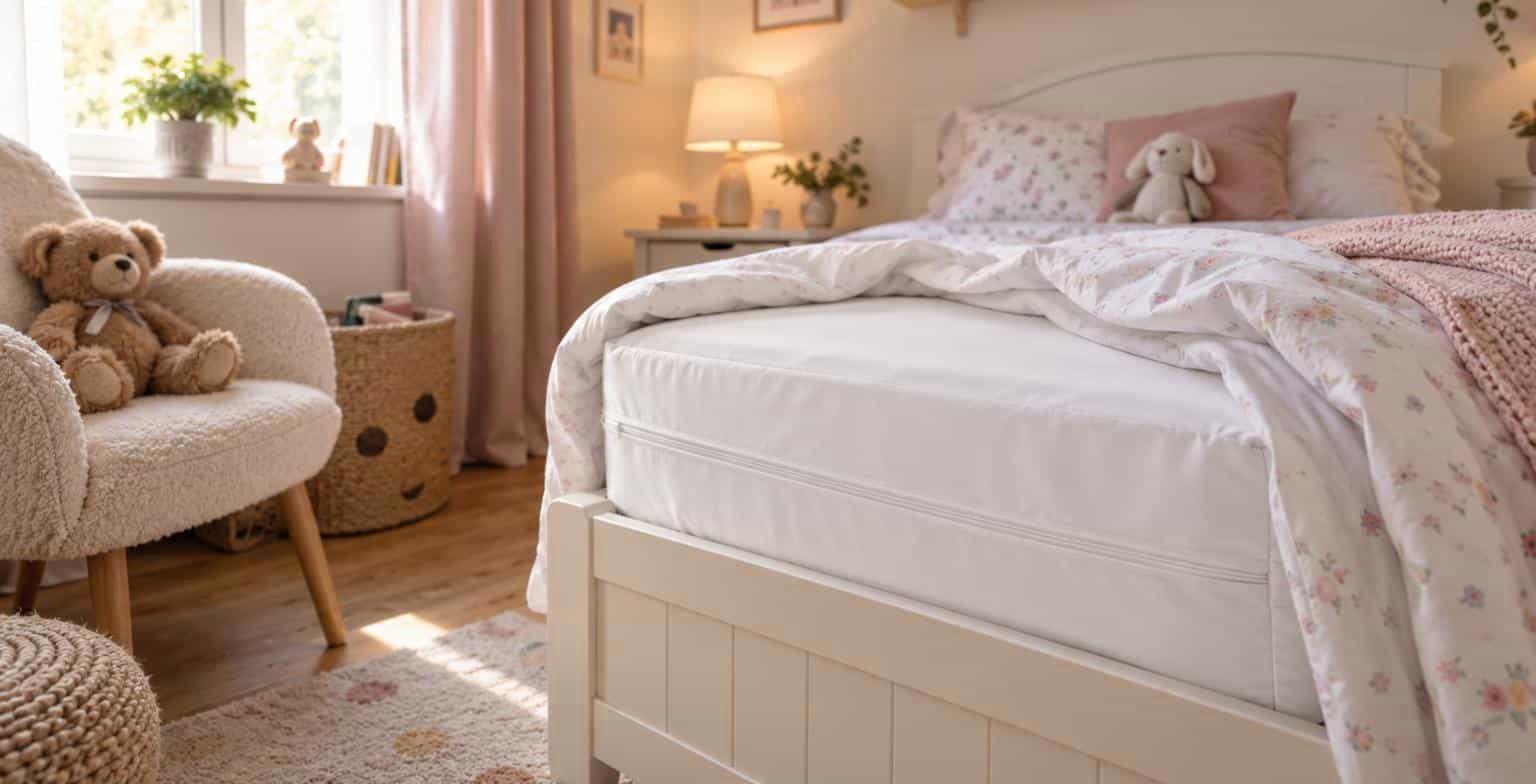 Camera da letto con materasso protetto da fodera