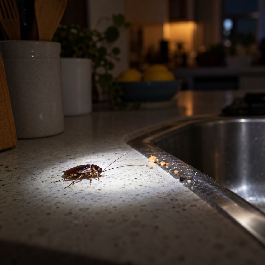 Blatta sul piano di lavoro di una cucina illuminata da una torcia