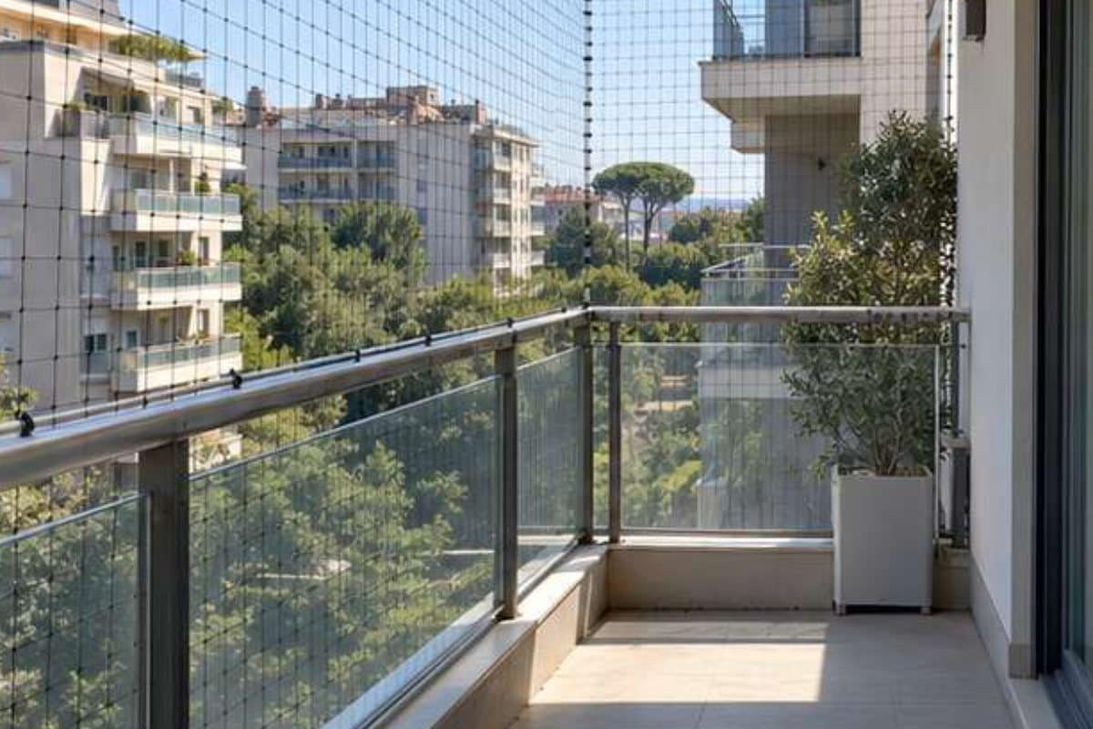 Balcone protetto con rete anti piccioni dopo l'intervento