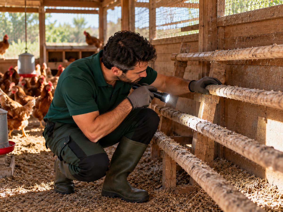 Tecnico ispeziona i posatoi di un pollaio per l’acaro rosso Tecnico ispeziona i posatoi di un pollaio per l'acaro rosso