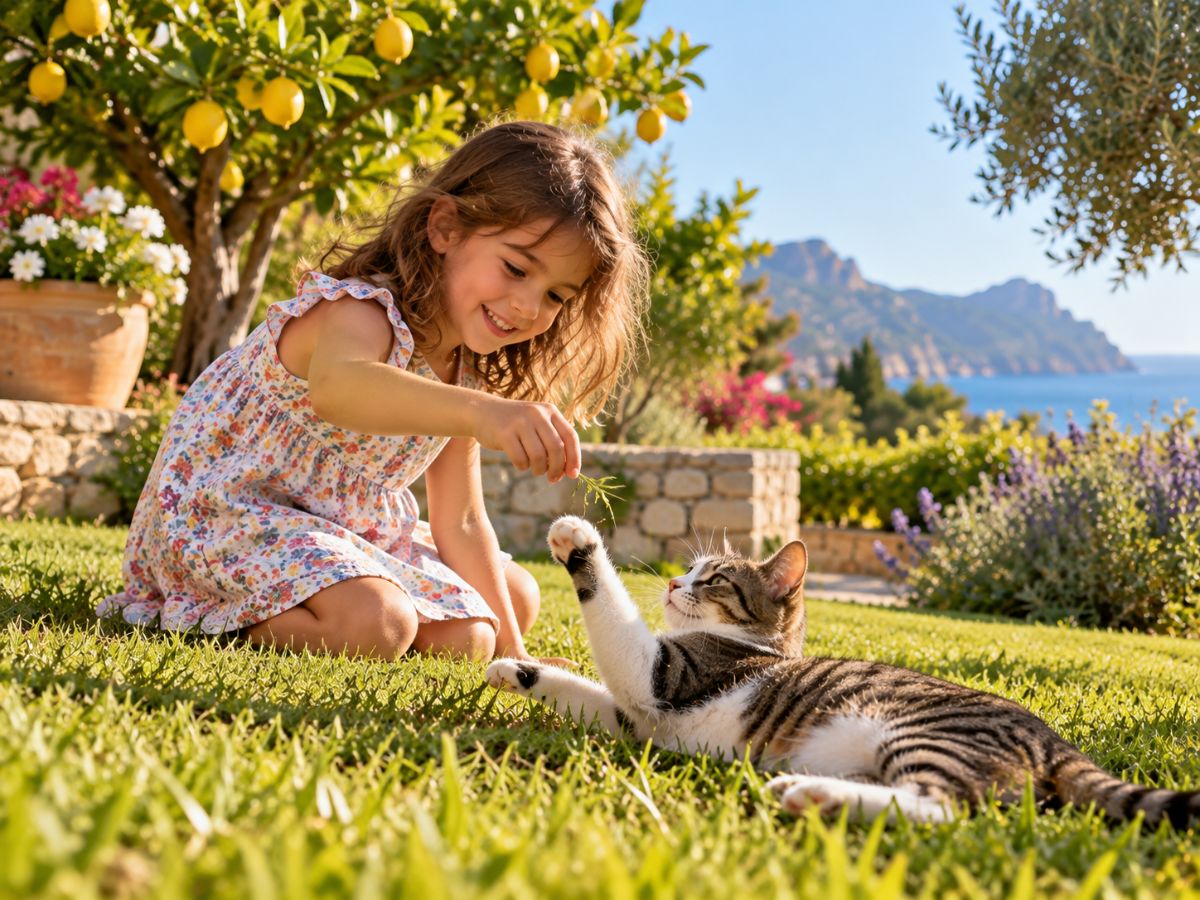 Bambina che gioca in giardino con un gatto