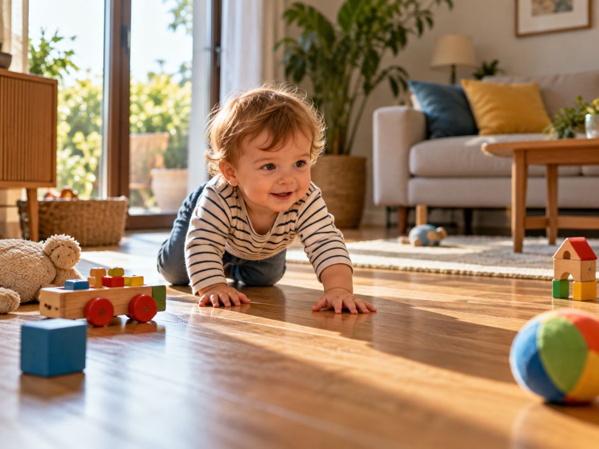 Bambino che gattona sul pavimento di legno con i giochi
