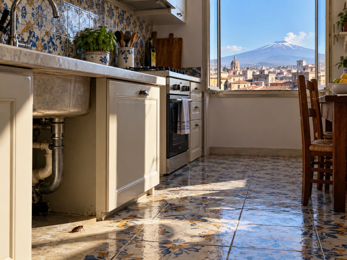 Blatta vicino allo scarico in una cucina di Catania