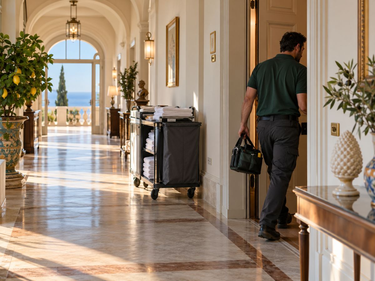Tecnico entra in una camera d'hotel per un controllo