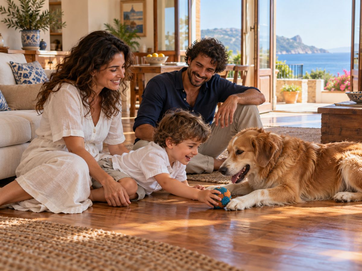 Famiglia con bambino e cane in un soggiorno luminoso
