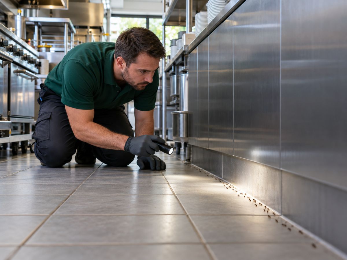 Tecnico ispeziona una fila di formiche nella cucina di un ristorante