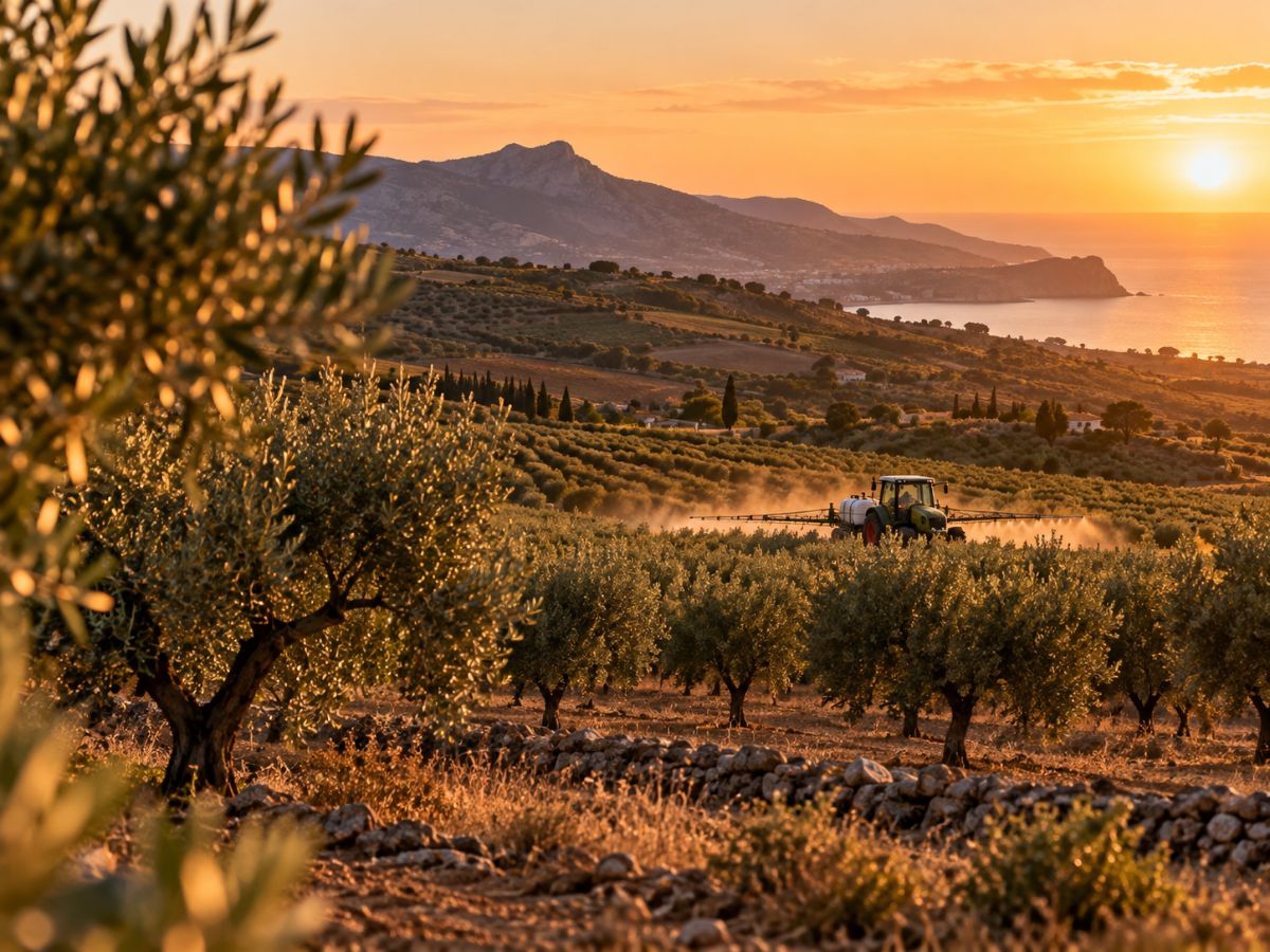 Uliveto siciliano al tramonto con un trattore in lontananza