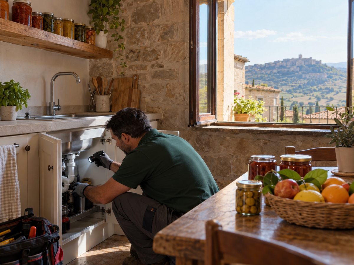 Cucina di una casa in pietra ad Enna durante un controllo per moscerini
