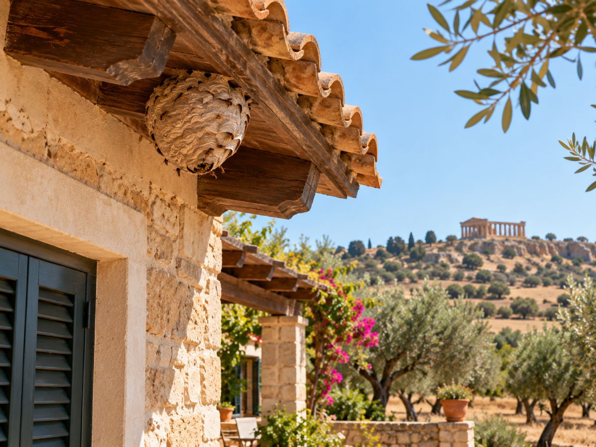 Nido di vespe sotto il tetto di una casa di campagna ad Agrigento