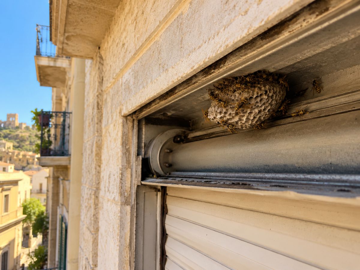 Nido di vespe nel cassonetto della tapparella in una casa di Agrigento Nido di vespe nel cassonetto della tapparella in una casa di Agrigento
