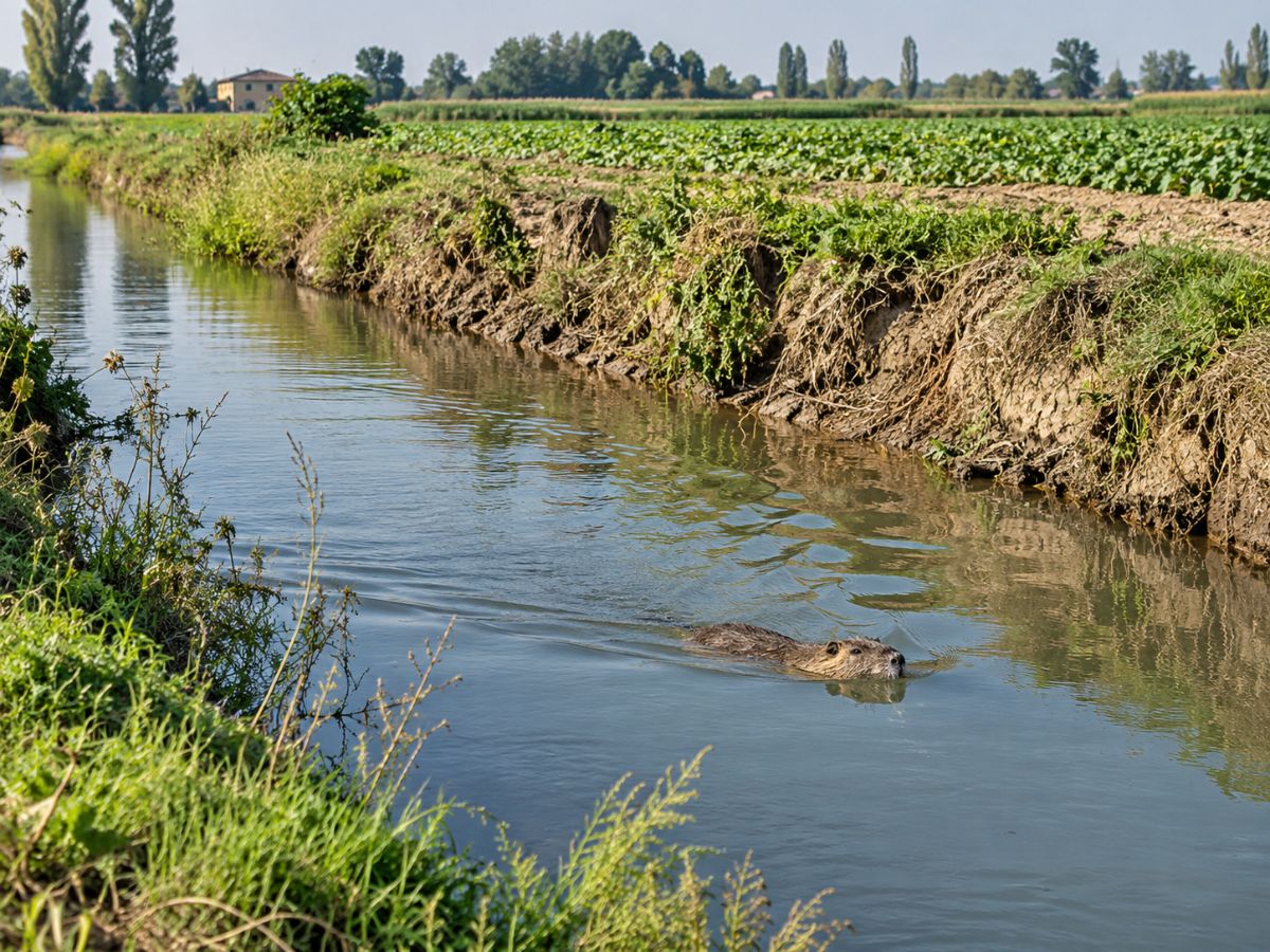 Nutria in un canale irriguo in campagna