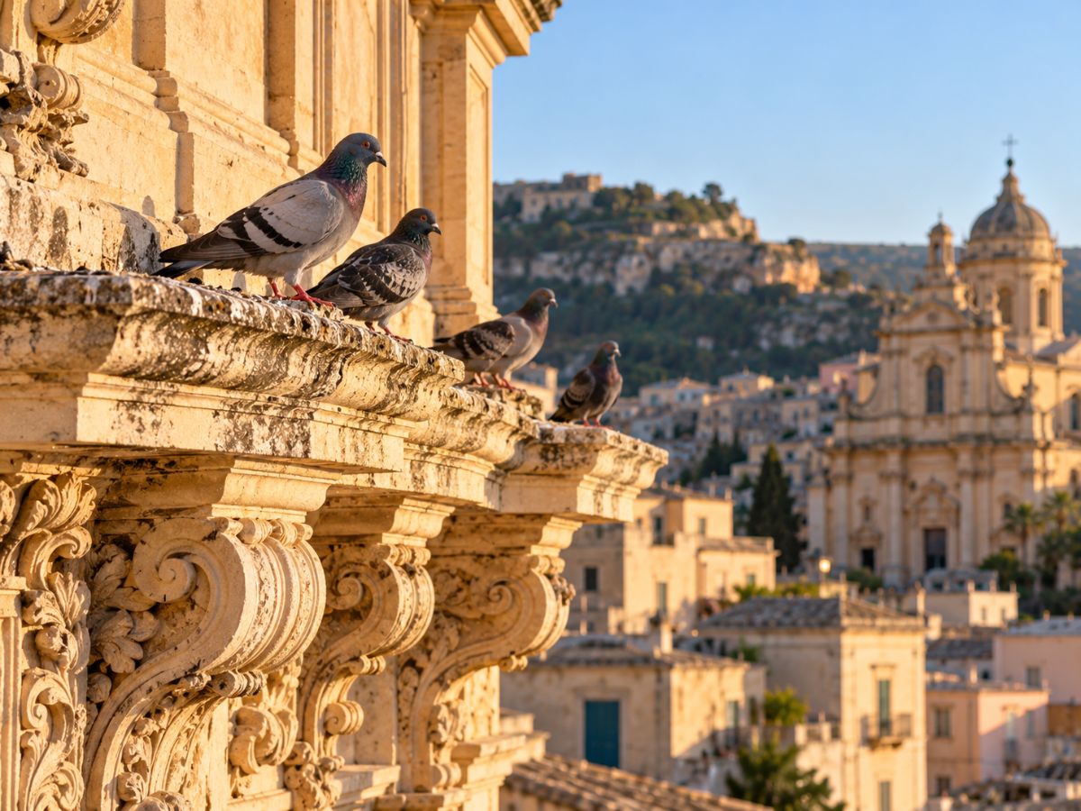 Piccioni su un cornicione barocco a Ragusa Ibla Piccioni su un cornicione barocco a Ragusa Ibla