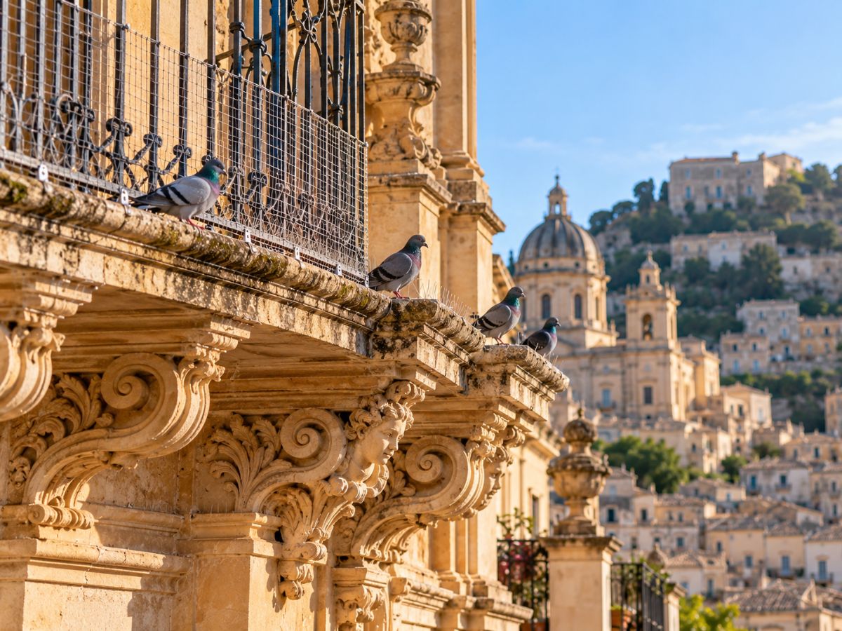 Piccioni sul cornicione di un palazzo barocco a Ragusa