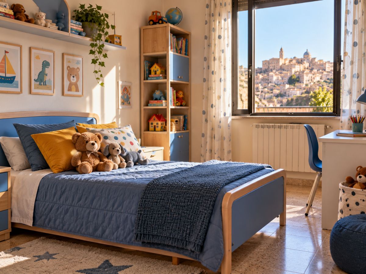 Cameretta con cuscini e peluche in una casa di Caltanissetta Cameretta con cuscini e peluche in una casa di Caltanissetta