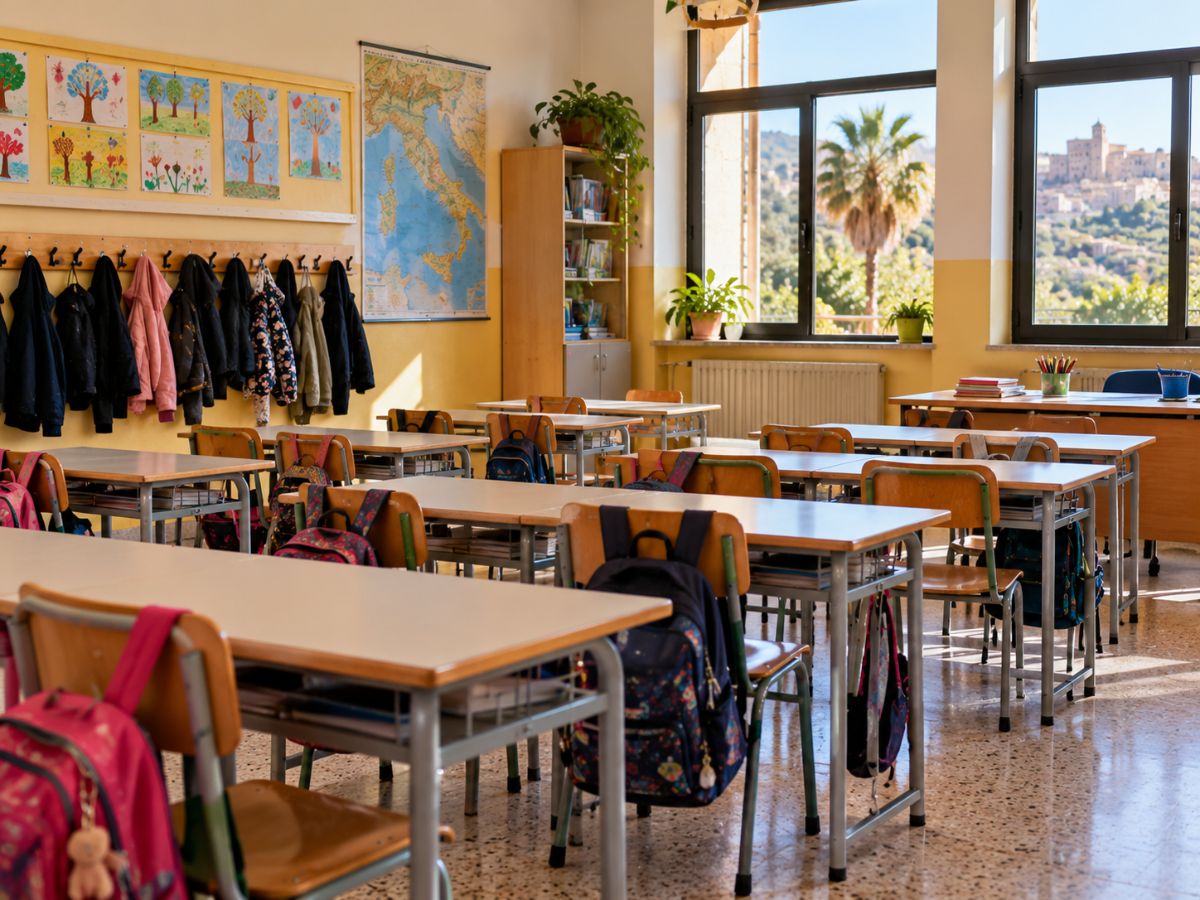 Aula di una scuola primaria con banchi e appendiabiti Aula di una scuola primaria con banchi e appendiabiti