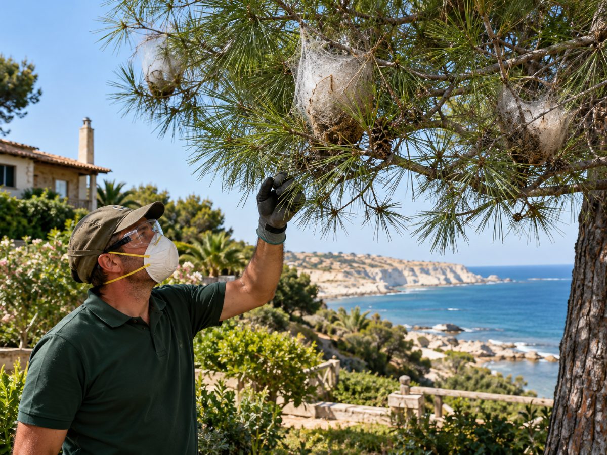 Nidi di processionaria su un pino nel giardino di una villa al mare vicino ad Agrigento Nidi di processionaria su un pino nel giardino di una villa al mare vicino ad Agrigento