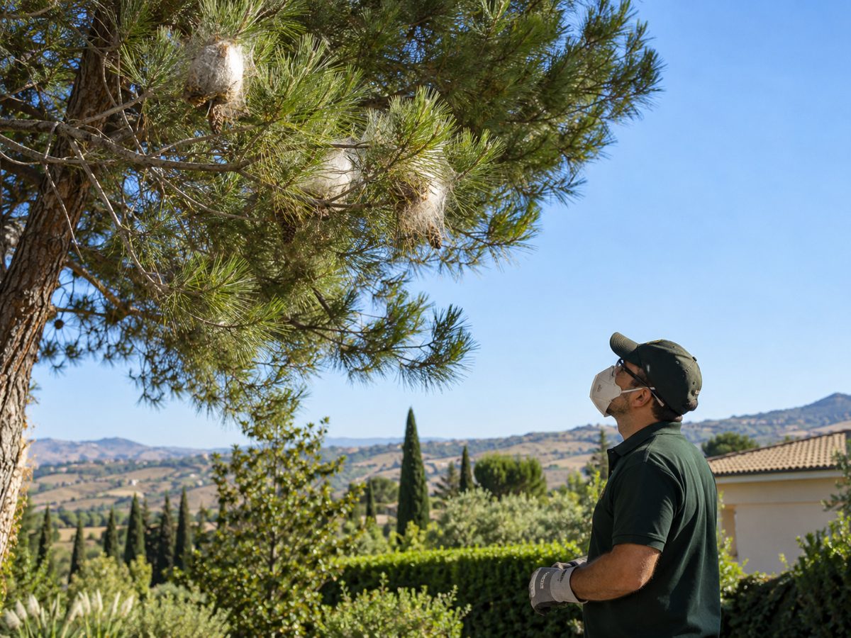 Nidi di processionaria su un pino nel giardino di una villa a Caltanissetta Nidi di processionaria su un pino nel giardino di una villa a Caltanissetta