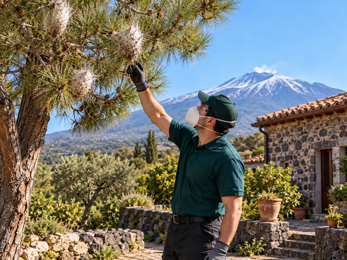 Nidi di processionaria su un pino vicino a una casa di campagna sull’Etna Nidi di processionaria su un pino vicino a una casa di campagna sull'Etna
