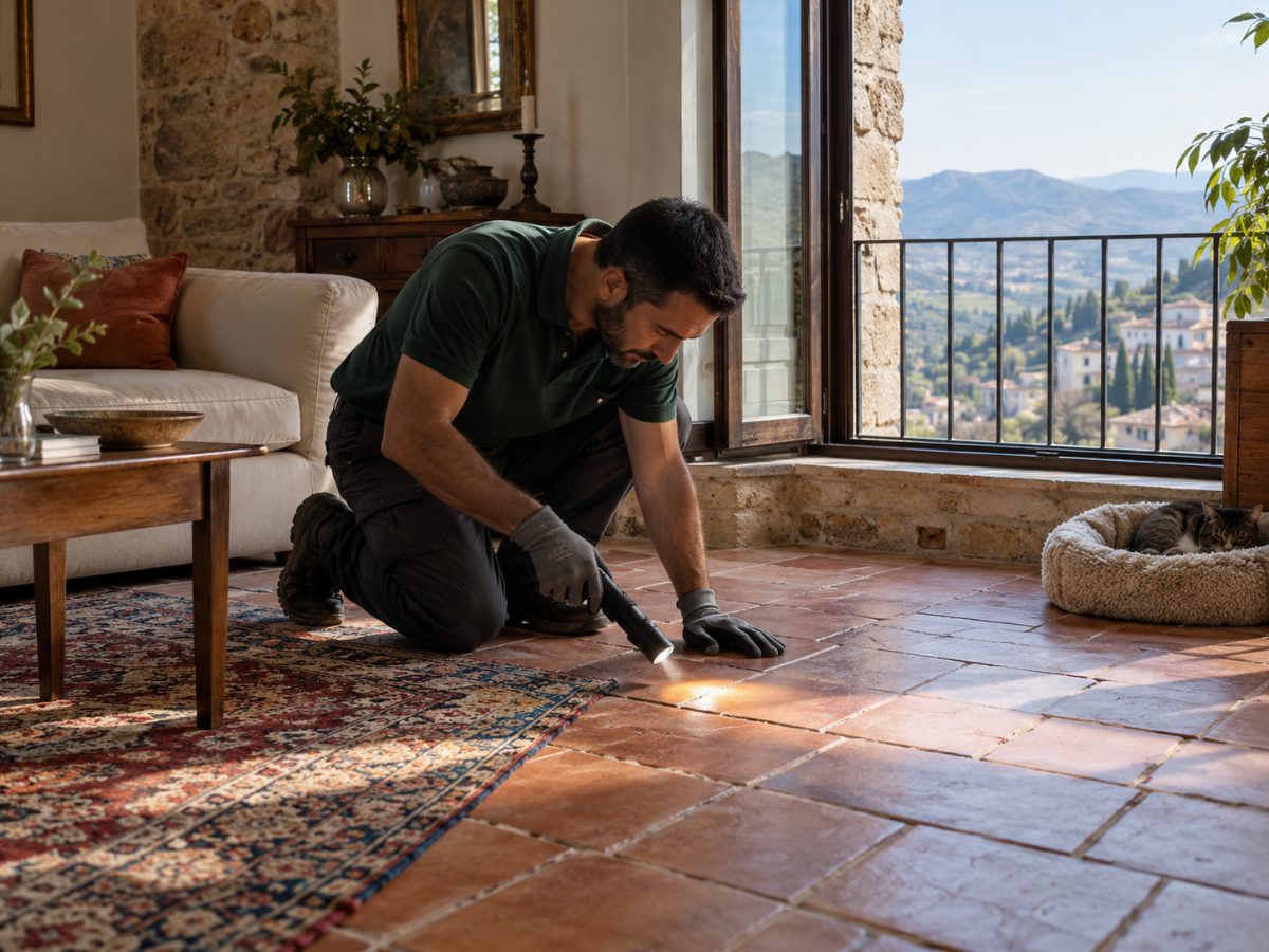 Casa in pietra ad Enna con pavimento in cotto durante un controllo per pulci Casa in pietra ad Enna con pavimento in cotto durante un controllo per pulci