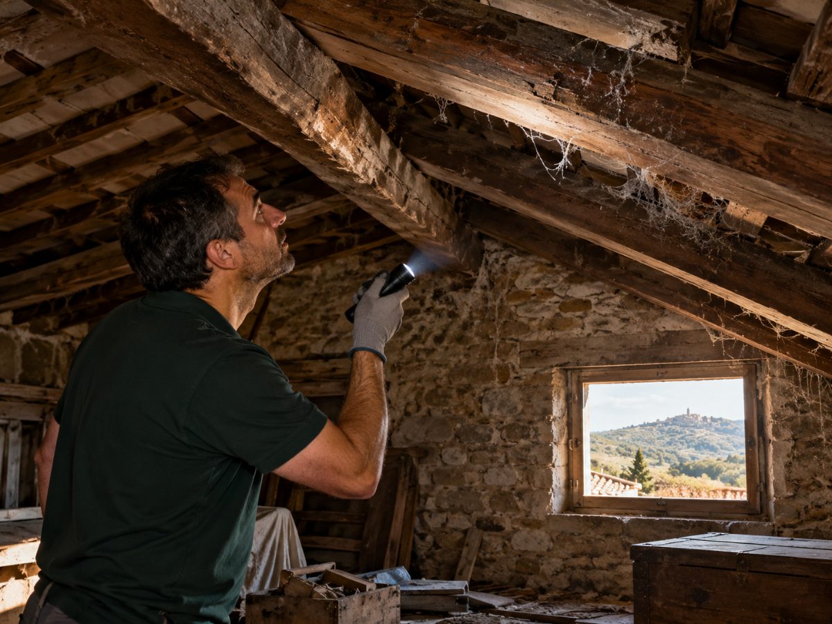 Sottotetto di una casa in pietra ad Enna durante un controllo per ragni