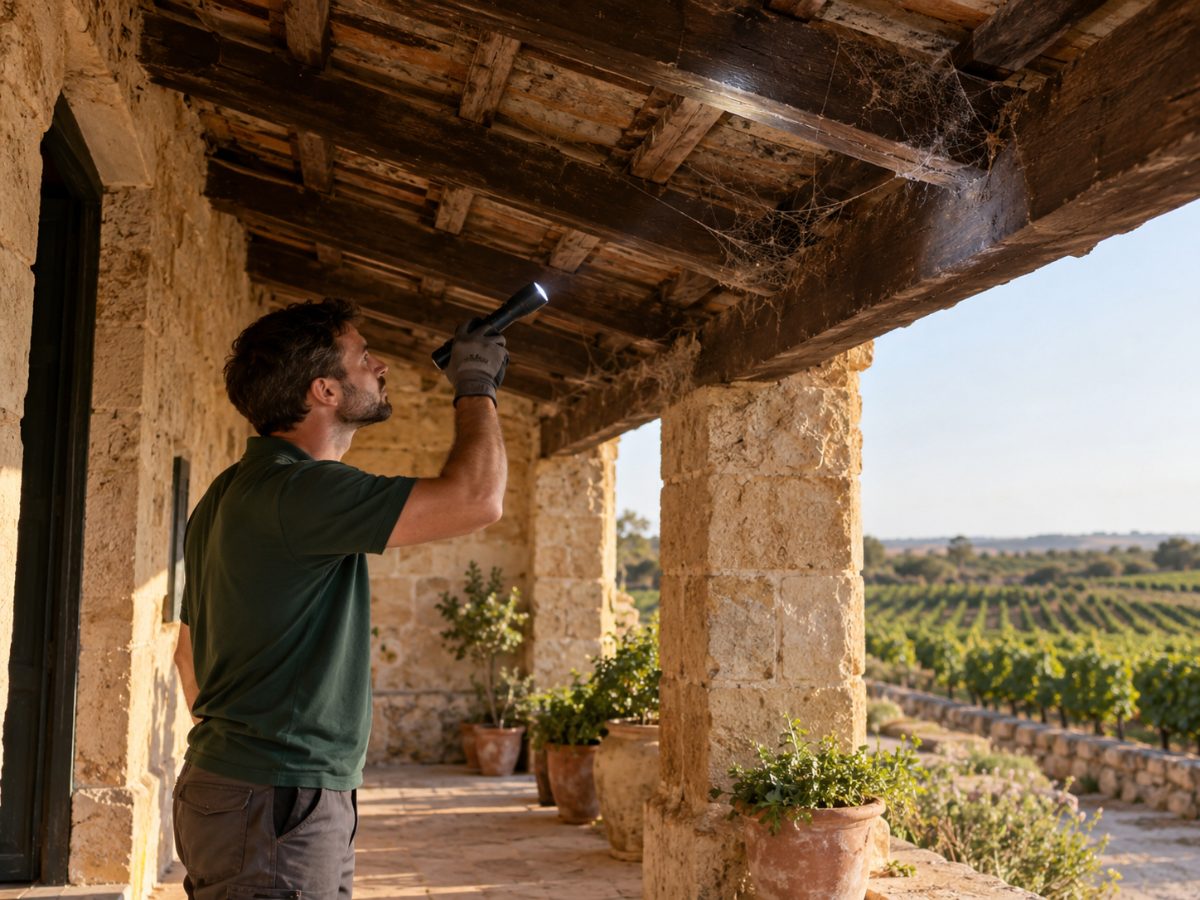 Portico di un baglio in tufo vicino a Trapani durante un controllo per ragni Portico di un baglio in tufo vicino a Trapani durante un controllo per ragni