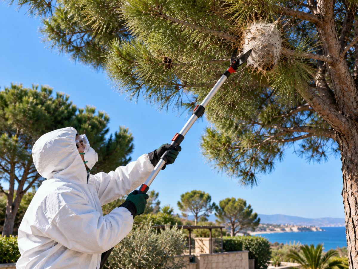 Tecnico rimuove un nido di processionaria con uno svettatoio Tecnico rimuove un nido di processionaria con uno svettatoio