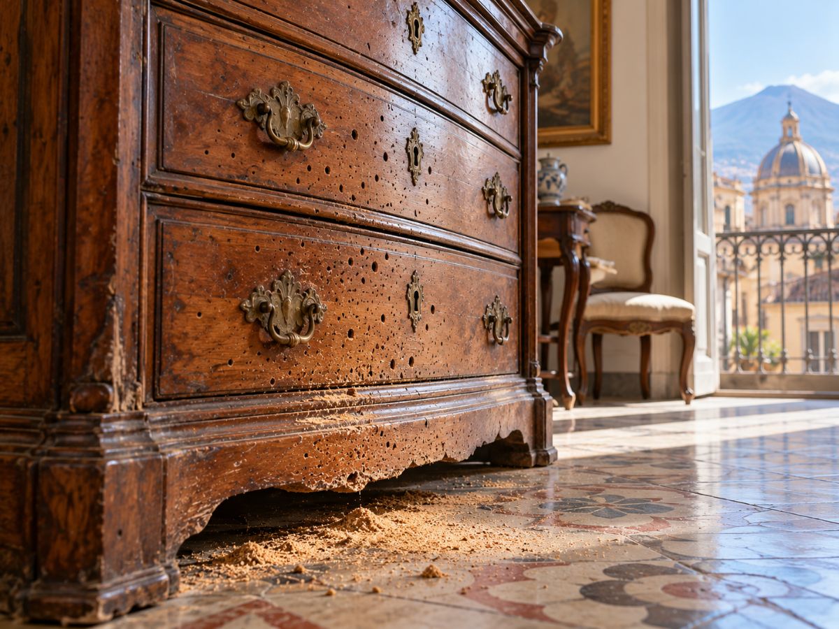 Mobile antico con fori di tarlo e polvere di legno in una casa di Catania Mobile antico con fori di tarlo e polvere di legno in una casa di Catania
