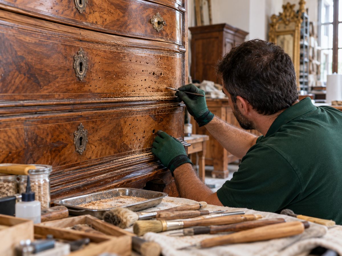 Cassettone antico con fori di tarlo in un laboratorio di restauro