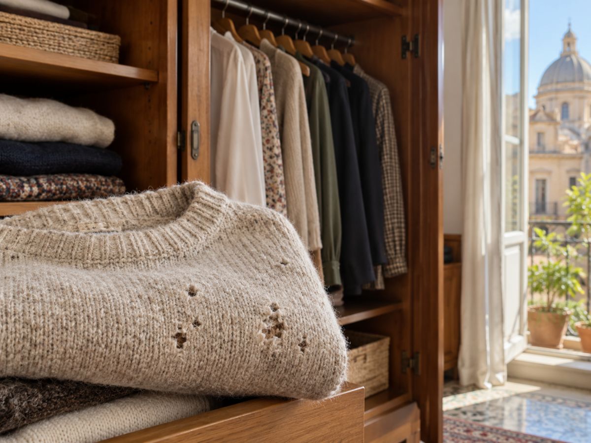 Maglione di lana bucato dalle tarme in un armadio a Palermo Maglione di lana bucato dalle tarme in un armadio a Palermo