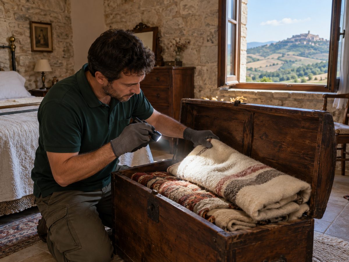 Cassapanca con coperte di lana in una casa di Enna durante un controllo per tarme Cassapanca con coperte di lana in una casa di Enna durante un controllo per tarme