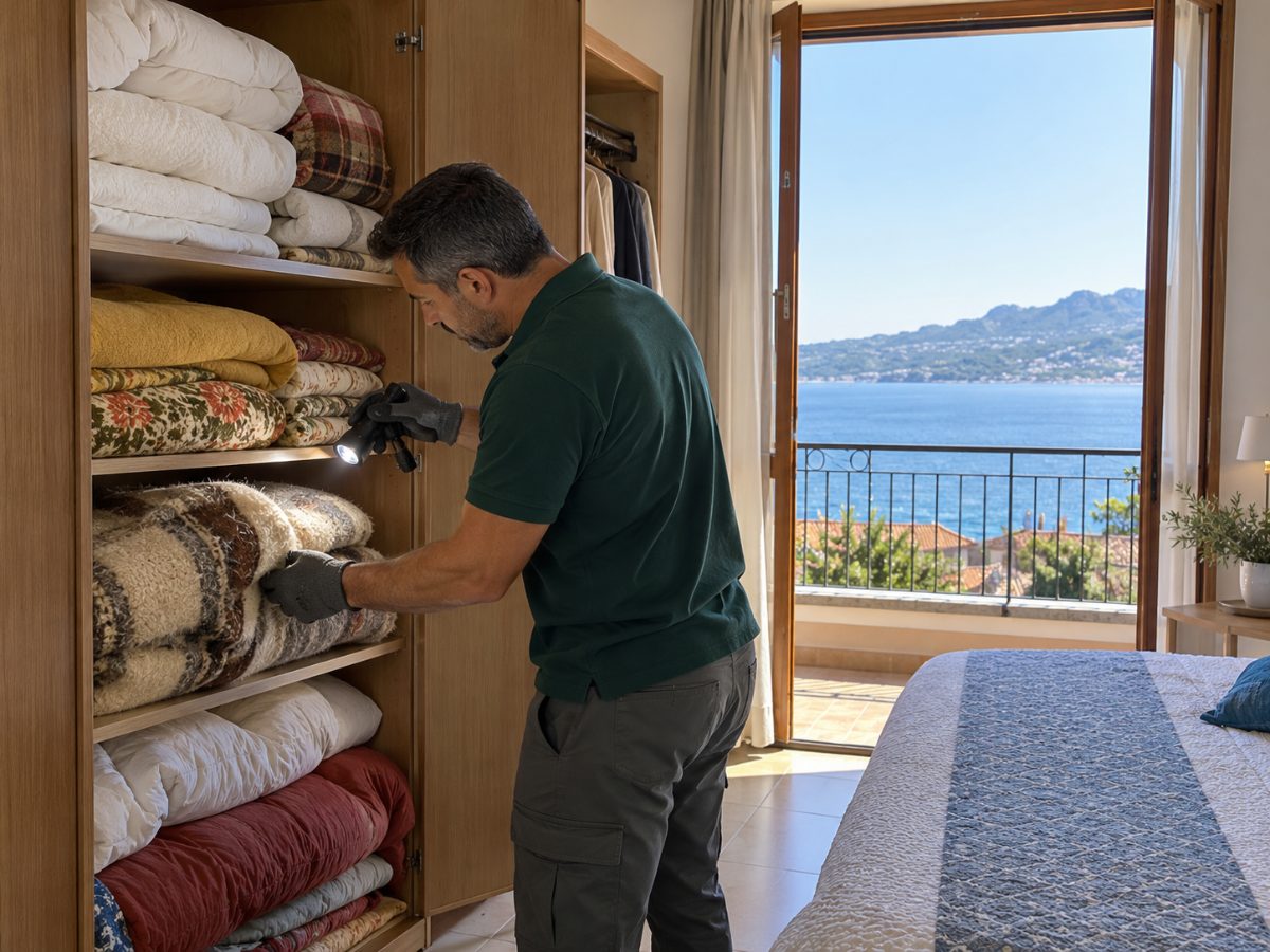 Armadio con coperte in una casa vacanza vicino a Messina durante un controllo per tarme Armadio con coperte in una casa vacanza vicino a Messina durante un controllo per tarme