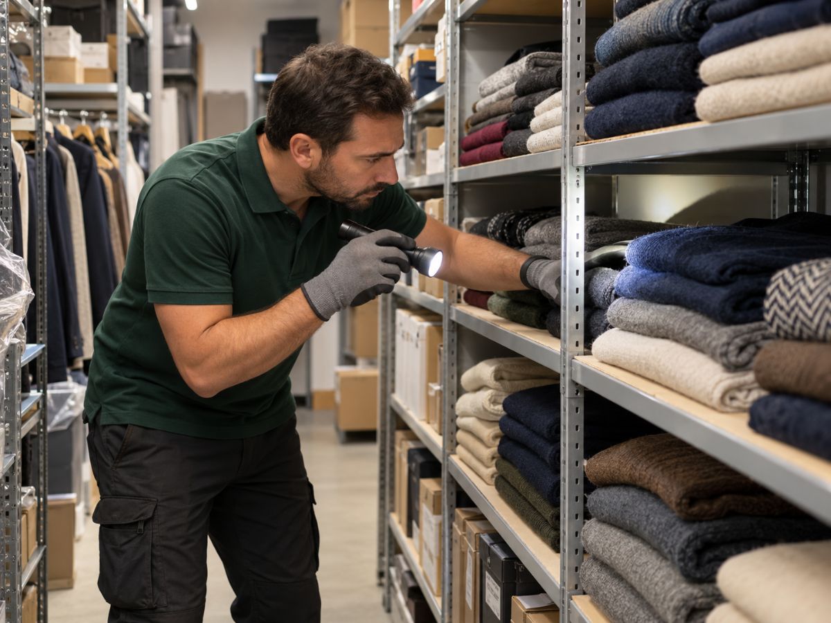 Tecnico controlla il magazzino di un negozio di abbigliamento per le tarme