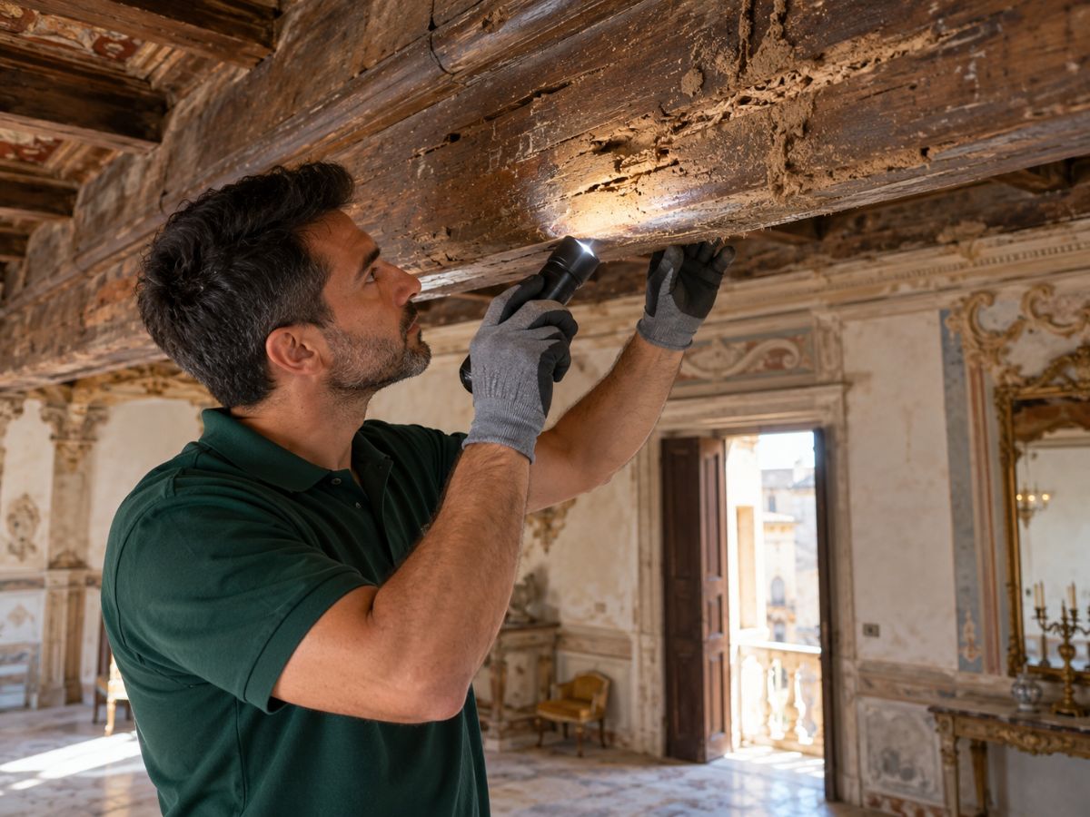 Tecnico ispeziona una trave con gallerie di termiti in un palazzo storico siciliano Tecnico ispeziona una trave con gallerie di termiti in un palazzo storico siciliano