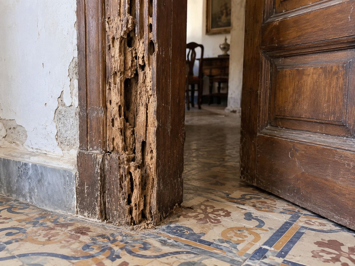 Stipite di porta in legno rovinato dalle termiti in un appartamento di Palermo Stipite di porta in legno rovinato dalle termiti in un appartamento di Palermo