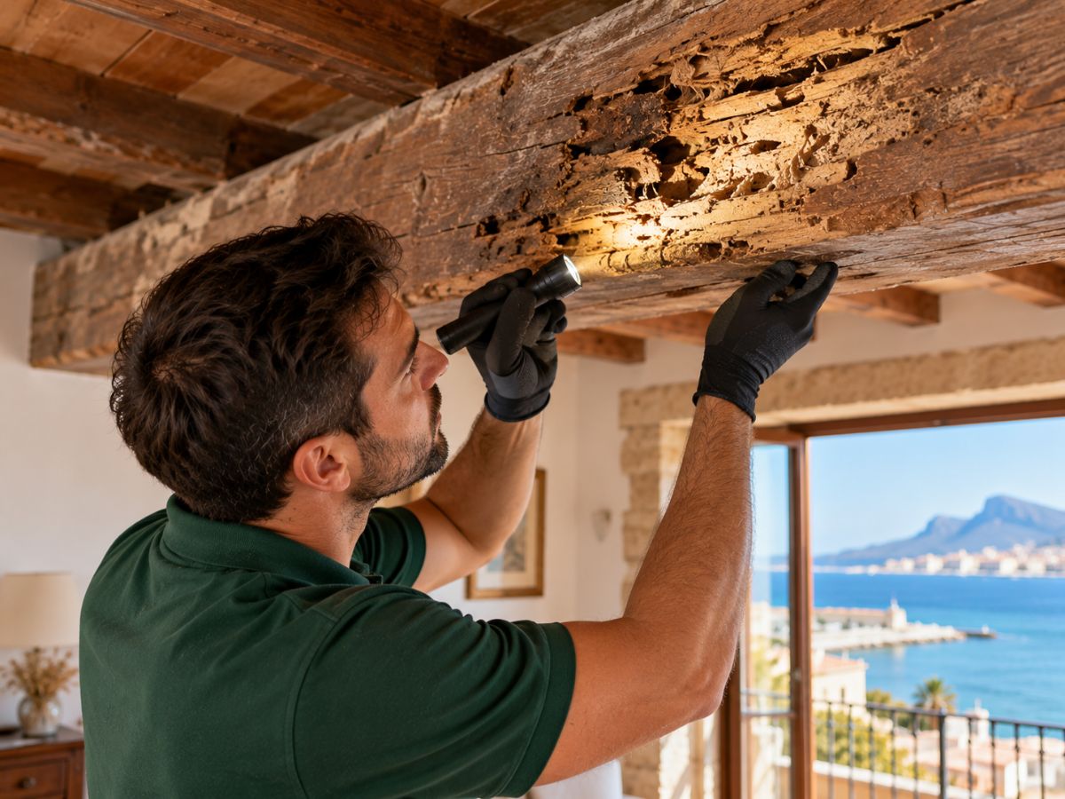 Tecnico esamina una trave rovinata dalle termiti a Trapani Tecnico esamina una trave rovinata dalle termiti a Trapani