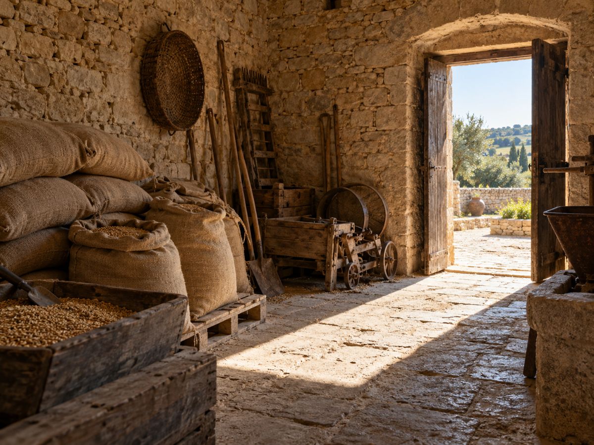 Magazzino di una masseria nella campagna di Ragusa con sacchi di granaglie