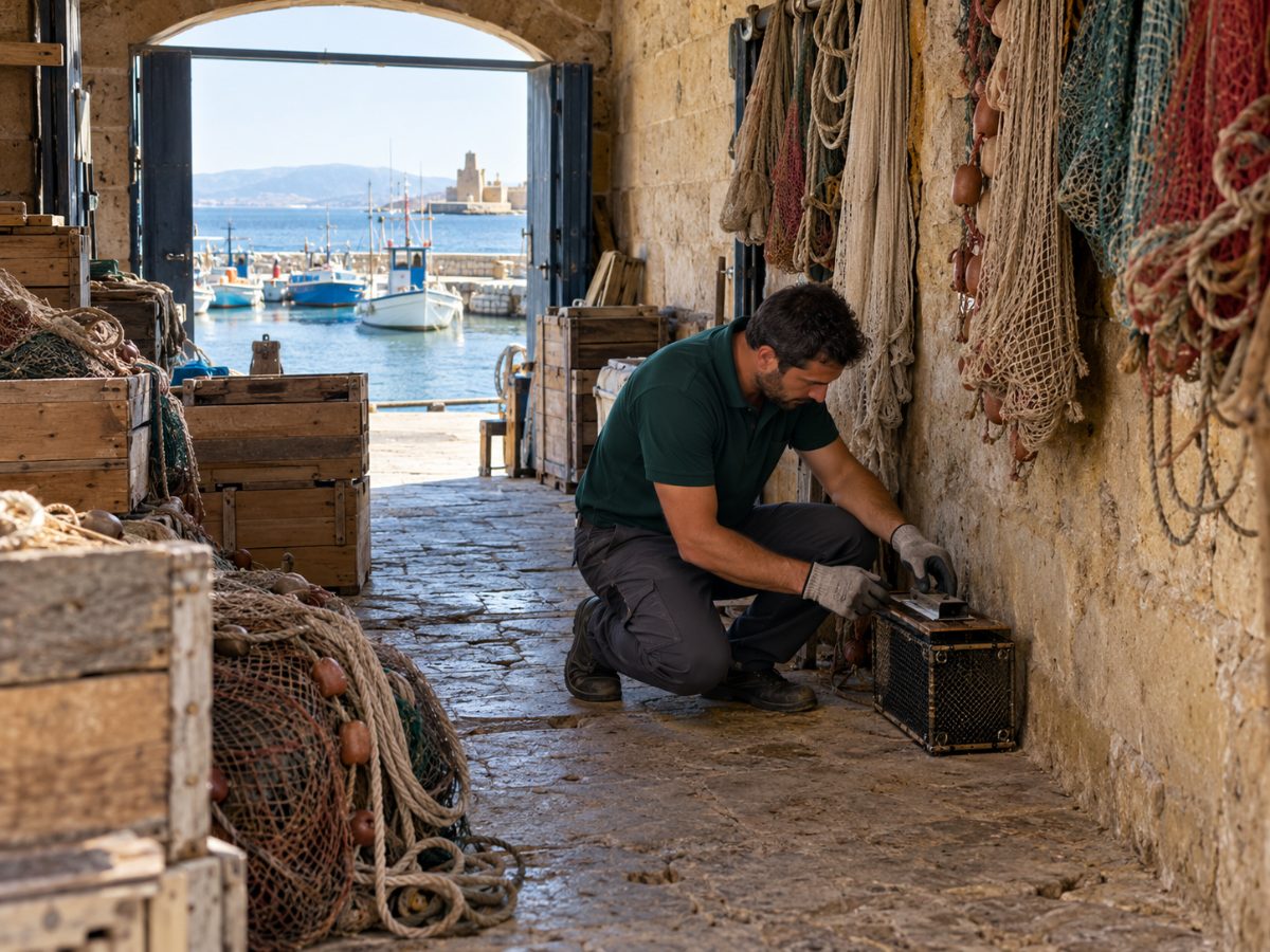 Magazzino vicino al porto di Trapani durante un controllo per topi Magazzino vicino al porto di Trapani durante un controllo per topi