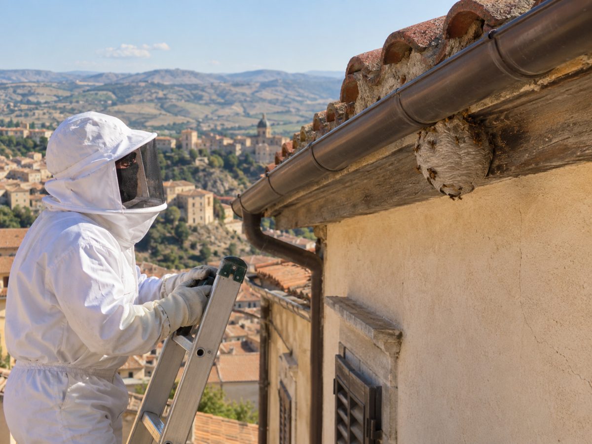 Nido di vespe sotto la grondaia di una casa di Caltanissetta