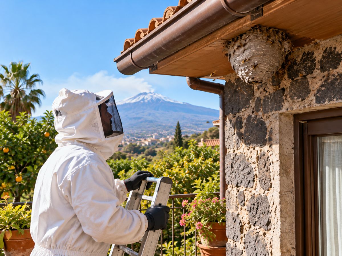 Nido di vespe sotto la grondaia di una casa in pietra lavica vicino a Catania Nido di vespe sotto la grondaia di una casa in pietra lavica vicino a Catania