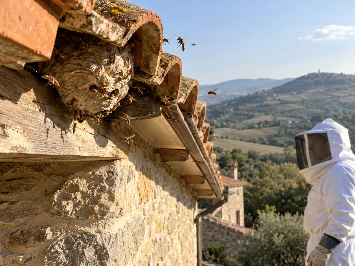 Vespe vicino a un nido nel sottotetto di una casa in pietra ad Enna Vespe vicino a un nido nel sottotetto di una casa in pietra ad Enna