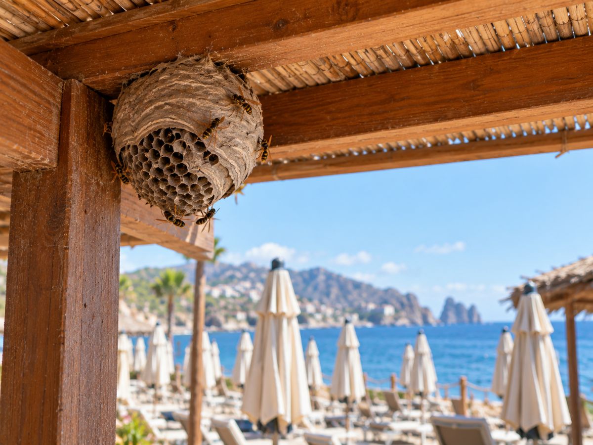 Nido di vespe sotto la tettoia di uno stabilimento balneare in Sicilia