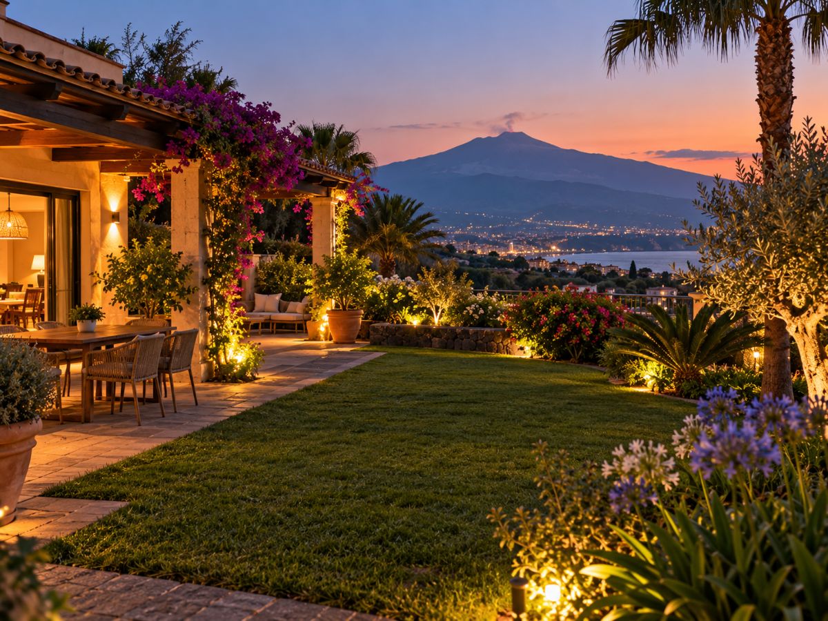 Giardino di una villa vicino a Catania con l'Etna