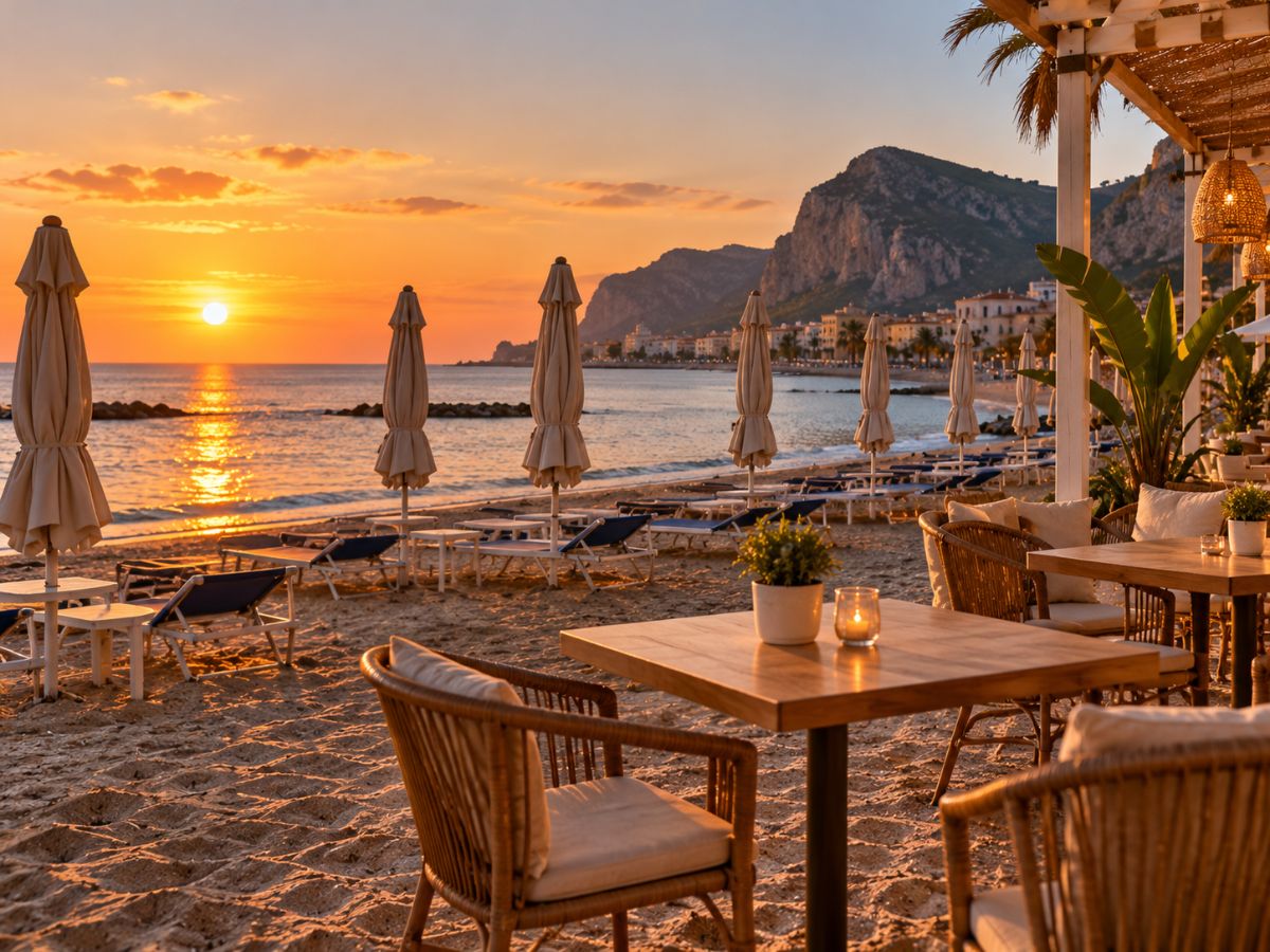 Lido e bar sulla spiaggia in Sicilia al tramonto