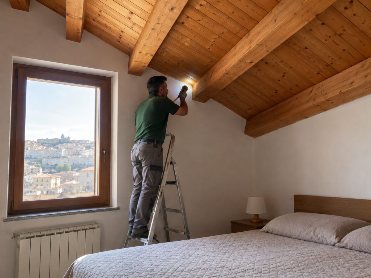 Camera sotto il tetto in una casa di Caltanissetta durante un controllo per zecche del piccione Camera sotto il tetto in una casa di Caltanissetta durante un controllo per zecche del piccione