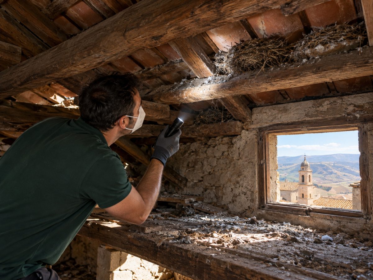 Sottotetto di una casa in pietra ad Enna con nidi di piccioni durante un controllo Sottotetto di una casa in pietra ad Enna con nidi di piccioni durante un controllo
